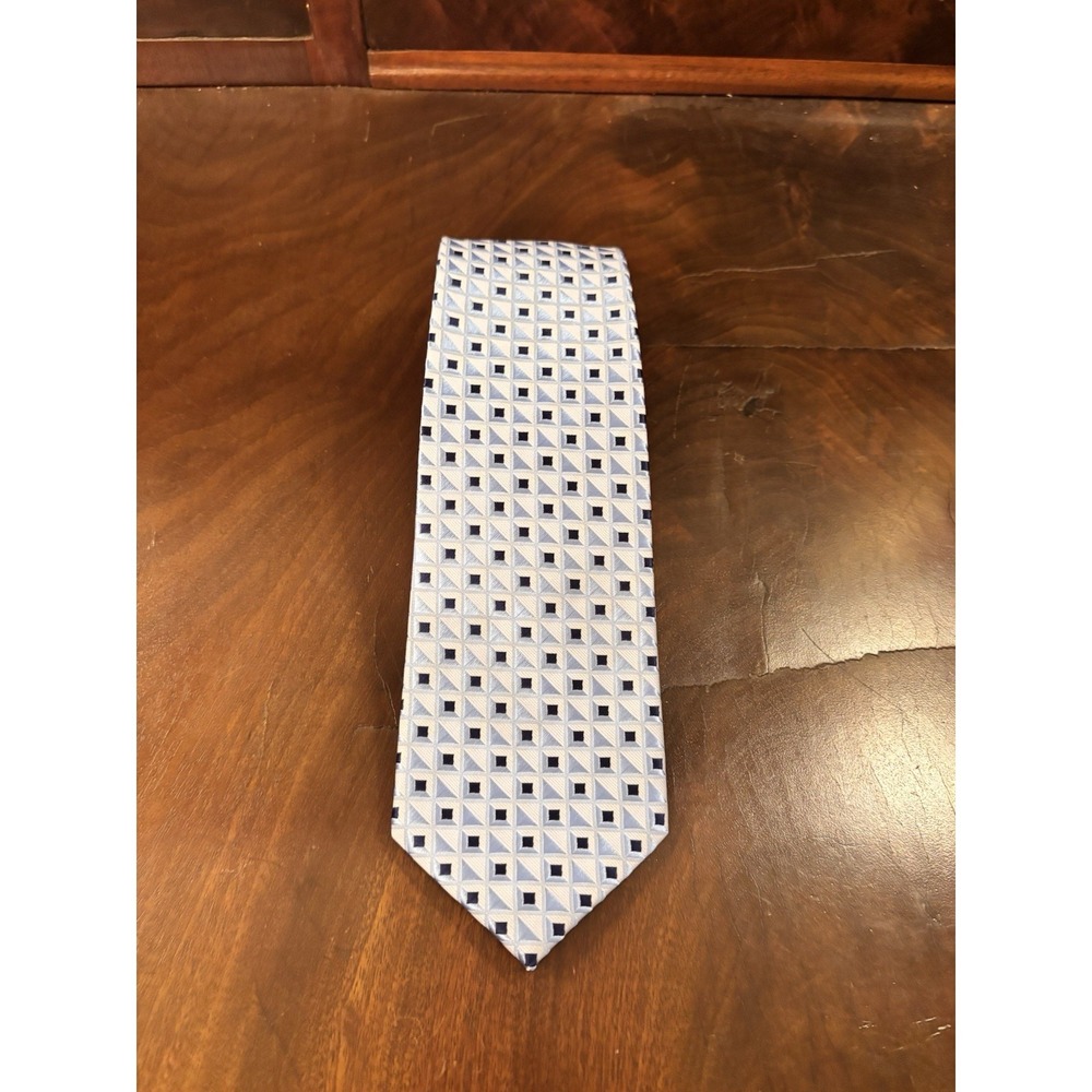 Wehug 100% Silk Handmade Necktie‎ Light Blue Geometric Square Pattern Mens Tie